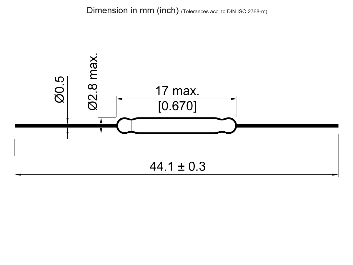 Technical diagram of a Reed Switch from the ORD9215 Series, featuring a cylindrical component with a maximum length of 44.1 ± 0.3 mm, central diameter of 2.8 mm max, end diameters of 0.5 mm, and overall length with wires at 17 mm max (0.670 inch). by Standex Detect