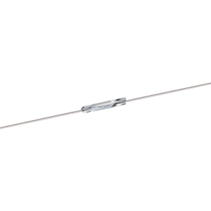 A metallic inline fuse holder is attached to a thin wire, isolated on a white background, similar in precision to the KSK reed switch components. by Standex Detect