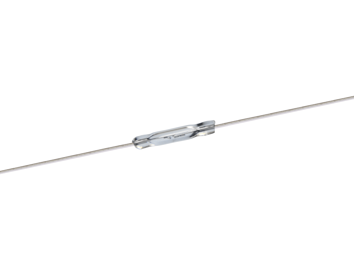 A small, cylindrical KSK SW GP560 Series Reed Switch with two long, thin metal wires extending from both ends, placed on a white background. by Standex Detect