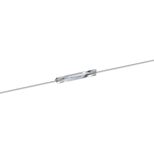 A cylindrical glass reed switch from the NL126 Series with two metal leads extending from either end, positioned horizontally against a white background. by Standex Detect