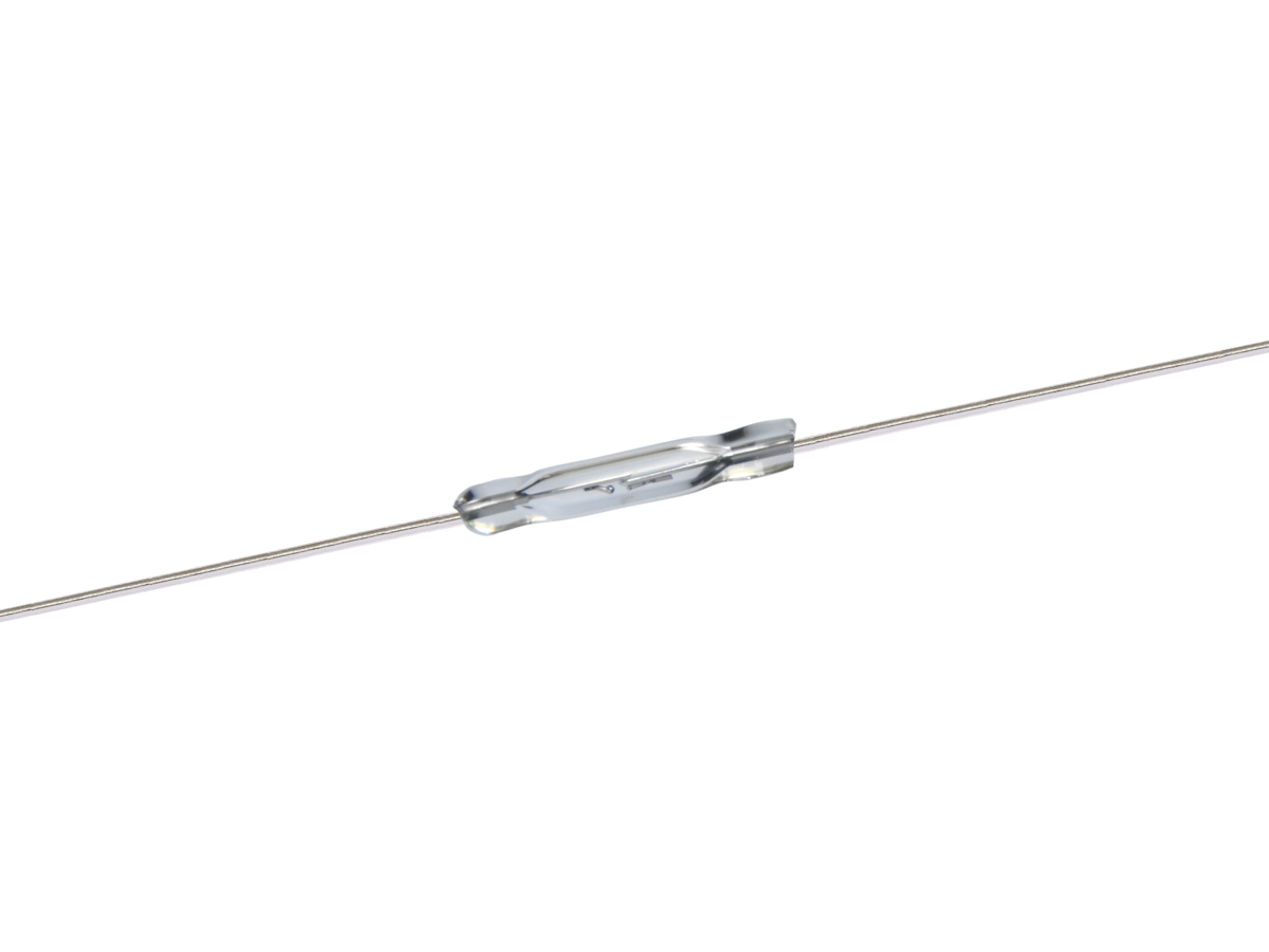 A small, transparent glass tube with thin metal wires extending from both ends, resembling an NL126 Reed Switch electronic component, is shown against a white background. by Standex Detect