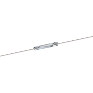 A small glass tube with thin metal wires extending from both ends, resembling a PR126 Series Reed Switch electronic component, isolated on a white background. by Standex Detect