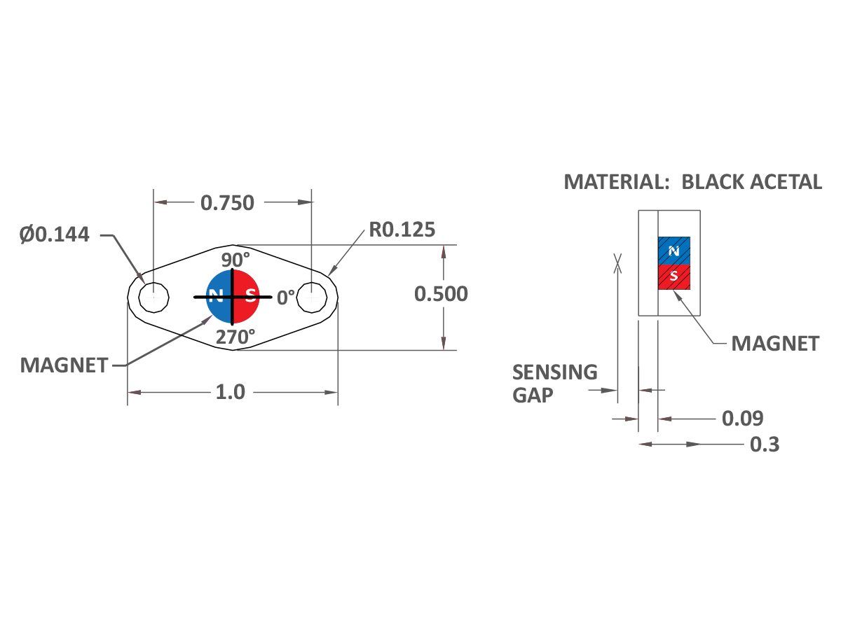 Technical drawing of a black acetal AM Series Magnet component with two screw holes, dimensions labeled, and a magnet inside. The magnet’s poles (N/S) and sensing gap are shown, along with detailed side and top views. by Standex Detect