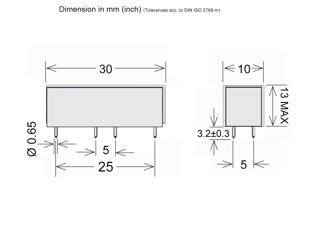 Technical drawing of a rectangular electronic component with labeled dimensions: 30 mm length, 10 mm width, 13 mm max height; pin spacing is 5 mm apart with a diameter of 0.65 mm, and a 3.2±0.3 mm offset. by Standex Detect