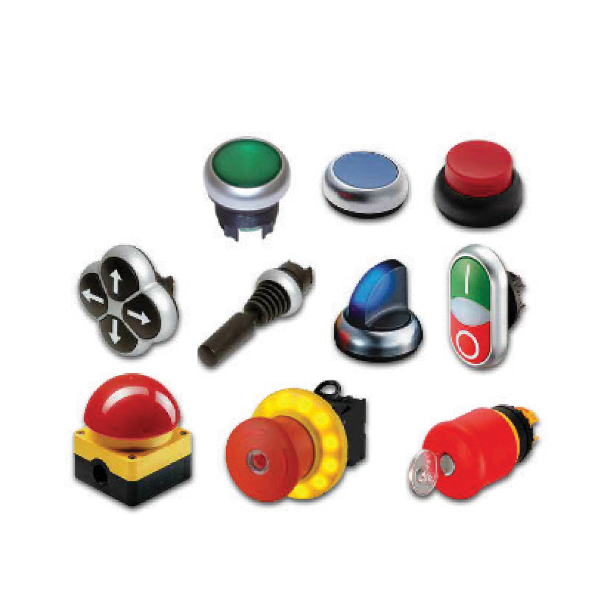 A collection of various industrial control buttons and switches, including MK25 Series push buttons, emergency stop buttons, illuminated indicators, a joystick, and arrow control panels, arranged on a white background. by Standex Detect
