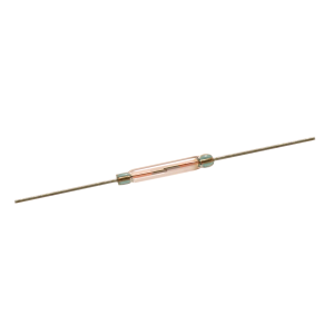A small glass tube with metal caps at each end and two long metal wires extending outward, containing a thin internal metal strip, the KSK-1A53 Series Reed Switch closely resembles an electronic component. by Standex Detect
