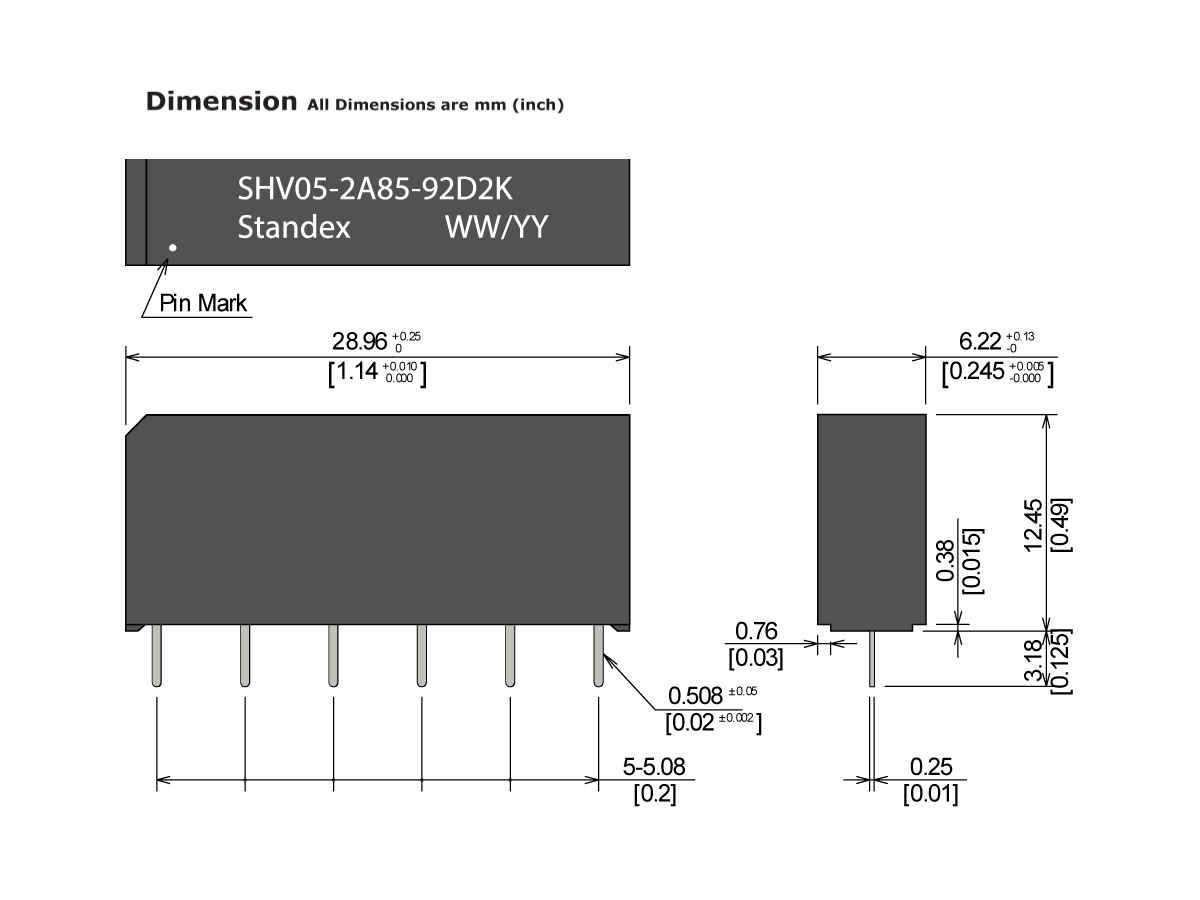 Technical drawing of an SHV05-2A85-92D2K Reed Relay (SHV-2A) Standex electronic component with dimensions and pin configuration; includes front, side, and bottom views with measurements in millimeters and inches. by Standex Detect