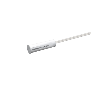 A white cylindrical Reed Sensor with a cable attached, featuring black printed text STANDEX MK38-1A66B-3050W on its side, isolated on a white background. Part of the reliable MK38 Series. by Standex Detect