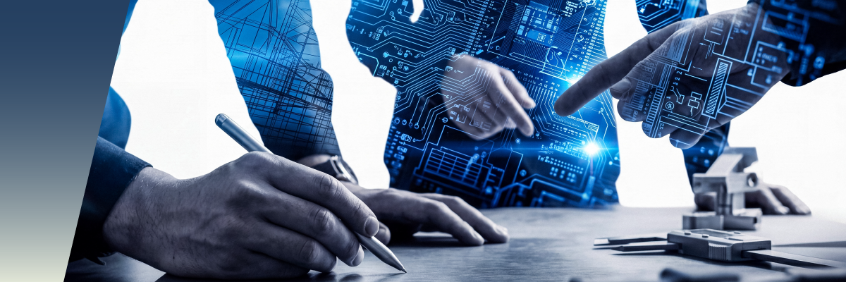 Three people collaborate at a table with technology overlays, writing and pointing at documents and technical equipment, representing innovation and teamwork in engineering or technology—highlighting advancements such as high-density switching that drive modern solutions. by Standex Detect