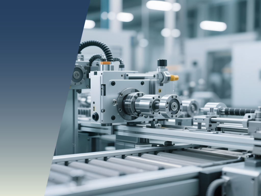 A close-up of modern automated machinery in a factory setting, featuring metal components, rollers, and control knobs enhanced by custom sensor solutions, with blurred equipment in the background and a blue gradient overlay on the left side. by Standex Detect