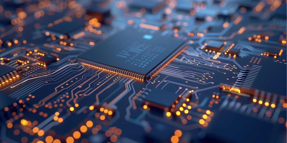 A close-up view of an illuminated computer microchip and circuit board, with glowing orange pathways connecting various components, symbolising advanced technology, electronics, and High-Pulsed Current Testing. by Standex Detect